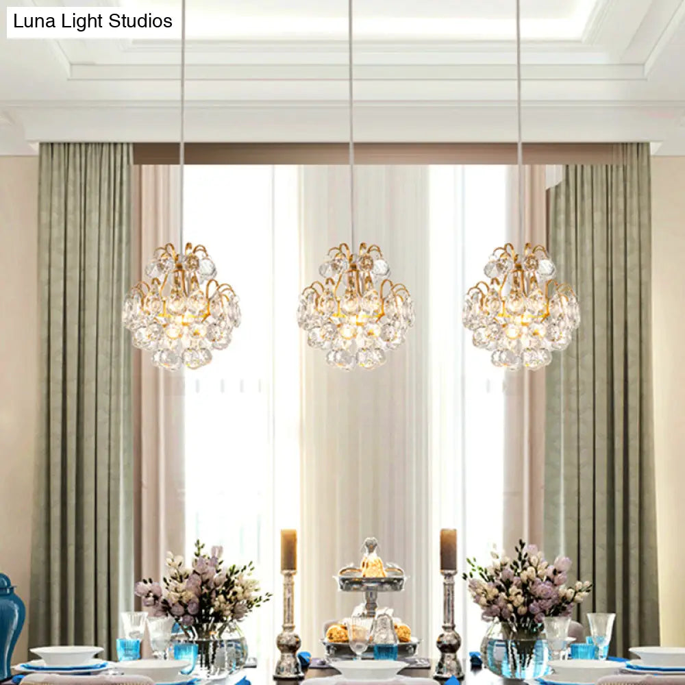 Modern Metal Pendant Light With Clear Crystal Balls And 3 Bulbs - Round/Linear Canopy Black/Gold