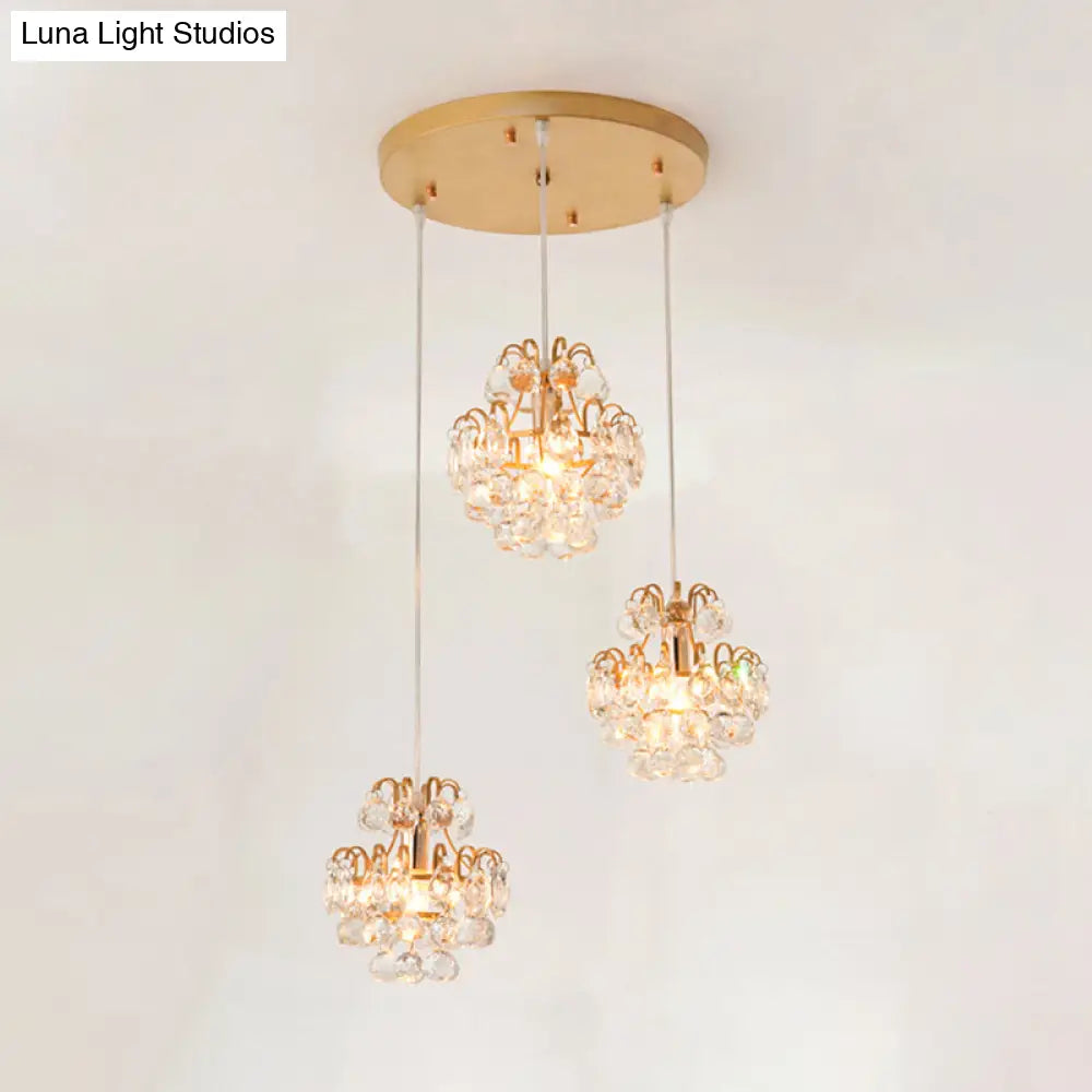 Modern Metal Pendant Light With Clear Crystal Balls And 3 Bulbs - Round/Linear Canopy Black/Gold