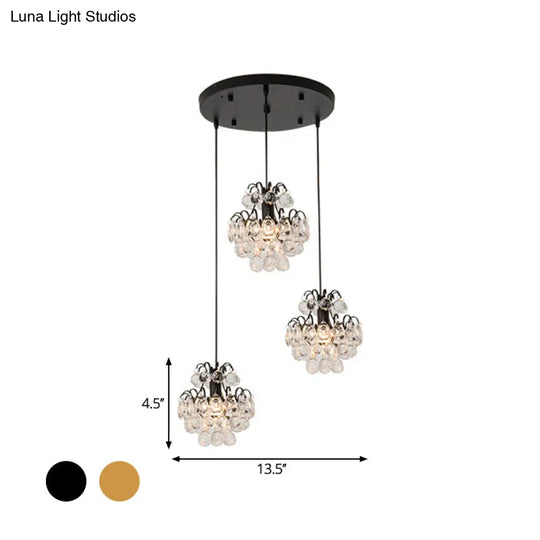 Modern Metal Pendant Light With Clear Crystal Balls And 3 Bulbs - Round/Linear Canopy Black/Gold