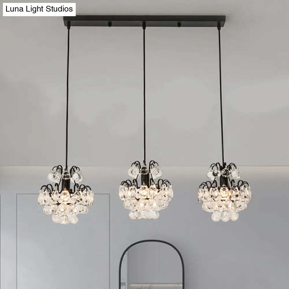 Modern Metal Pendant Light With Clear Crystal Balls And 3 Bulbs - Round/Linear Canopy Black/Gold