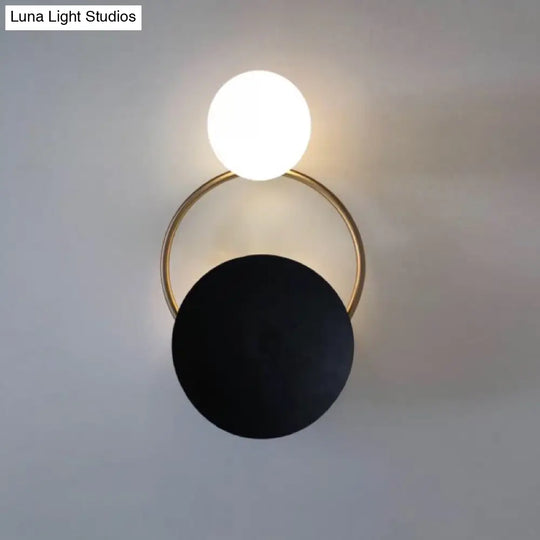 Modern Metal Planet Wall Mount Lamp - 1 Light Black Finish Opal Glass Fixture