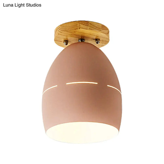 Modern Metal Semi-Flush Ceiling Light - 1 Oval Semi Flush Mount Lighting In Pink/Yellow/Green For
