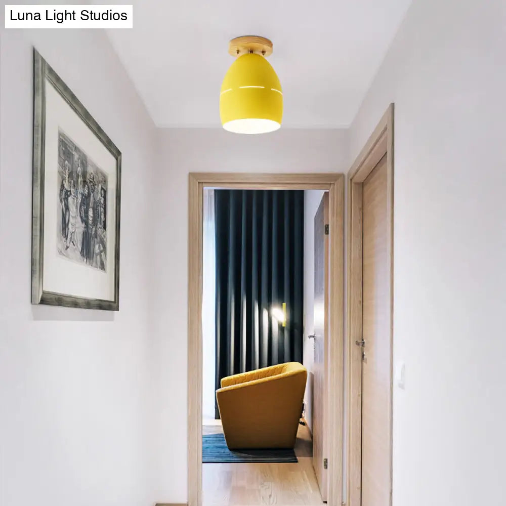 Modern Metal Semi-Flush Ceiling Light - 1 Oval Semi Flush Mount Lighting In Pink/Yellow/Green For