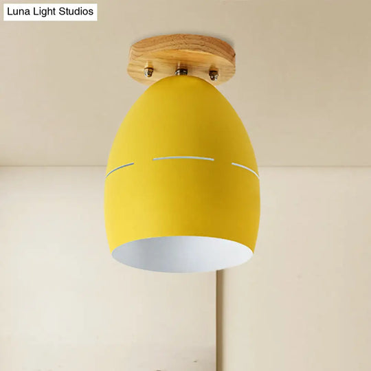 Modern Metal Semi-Flush Ceiling Light - 1 Oval Semi Flush Mount Lighting In Pink/Yellow/Green For