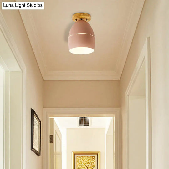 Modern Metal Semi-Flush Ceiling Light - 1 Oval Semi Flush Mount Lighting In Pink/Yellow/Green For