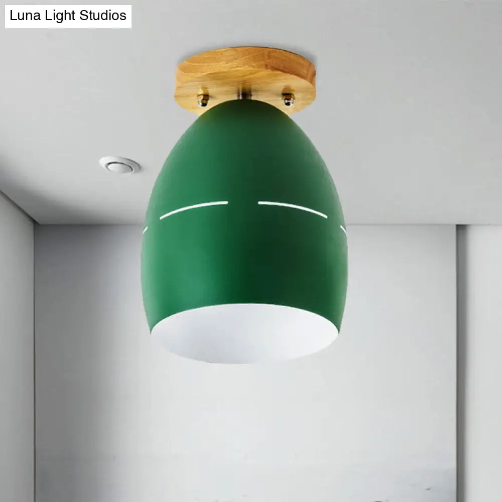 Modern Metal Semi-Flush Ceiling Light - 1 Oval Semi Flush Mount Lighting In Pink/Yellow/Green For