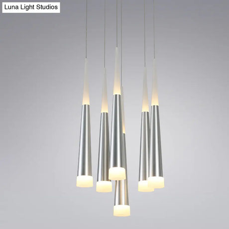 Modern Metal Tapered Hanging Lamp With Silver Pendant Light - 5/6 Heads For Dining Room In