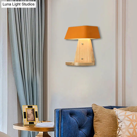 Modern Metal Trapezoid Wall Sconce With Wooden Backplate - White/Orange/Blue Light Fixture For