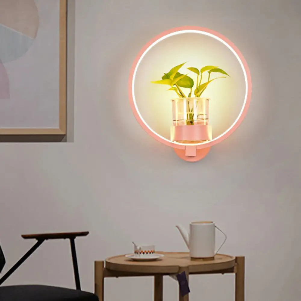 Modern Metal Wall Sconce With Artistic Loop Design And Clear Glass Plant Pot Pink / Third Gear Round