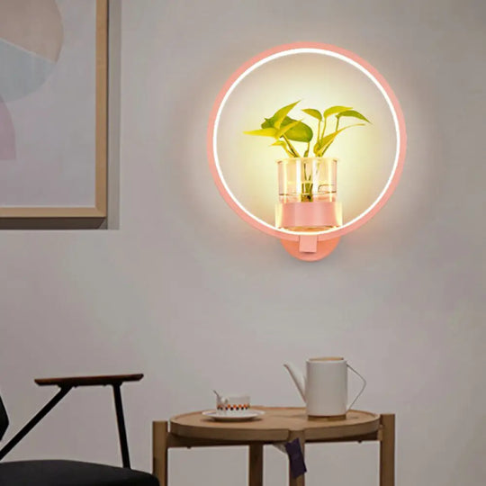 Modern Metal Wall Sconce With Artistic Loop Design And Clear Glass Plant Pot Pink / Third Gear Round