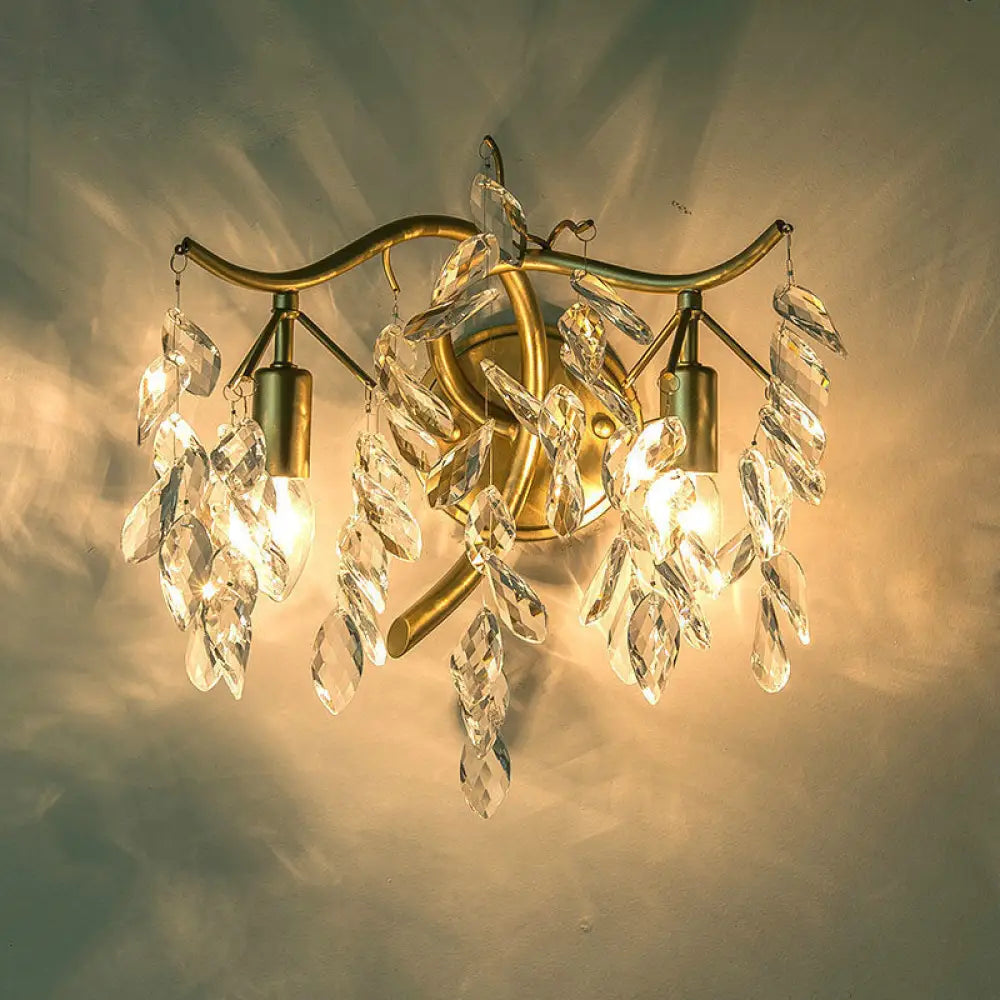 Modern Metal Wall Sconce With Clear Crystal Leaf Deco And 2 Brass Bulbs