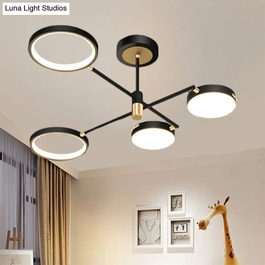Modern Metallic 4-Light Round Semi Flush Led Dining Room Fixture Black / White