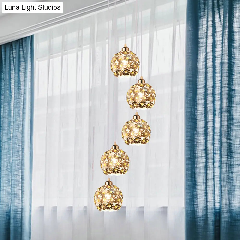 Modernist Silver Ceiling Light With Amber Crystal Accent 5/8 Heads Multi Hanging Lamp Kit 5 /