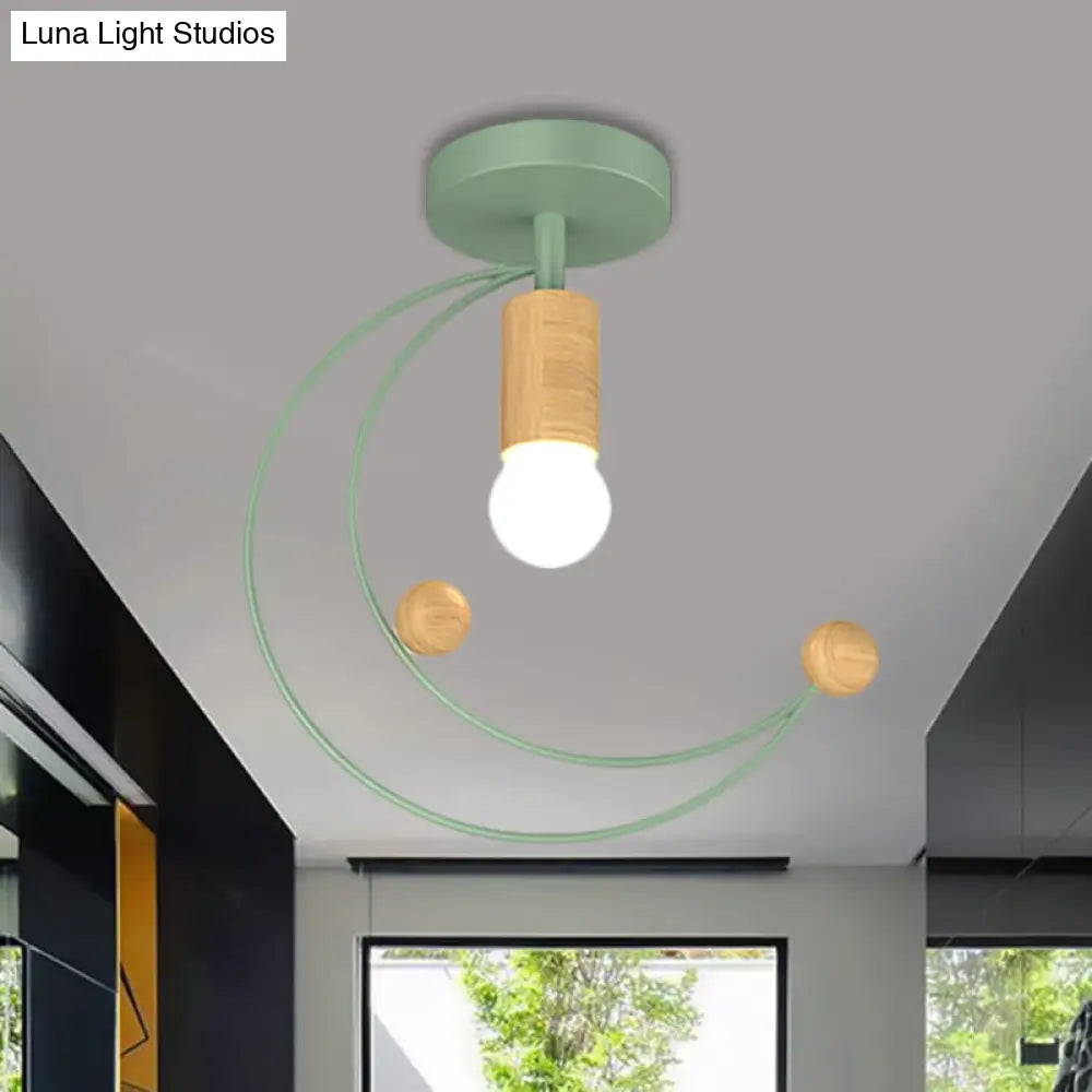 Modern Metallic Crescent Ceiling Light With Wooden Ball Deco - Semi Flush Mount In Black/White/Grey