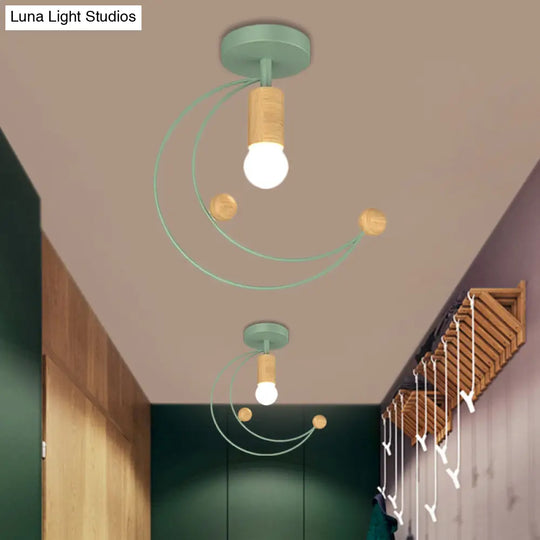 Modern Metallic Crescent Ceiling Light With Wooden Ball Deco - Semi Flush Mount In Black/White/Grey