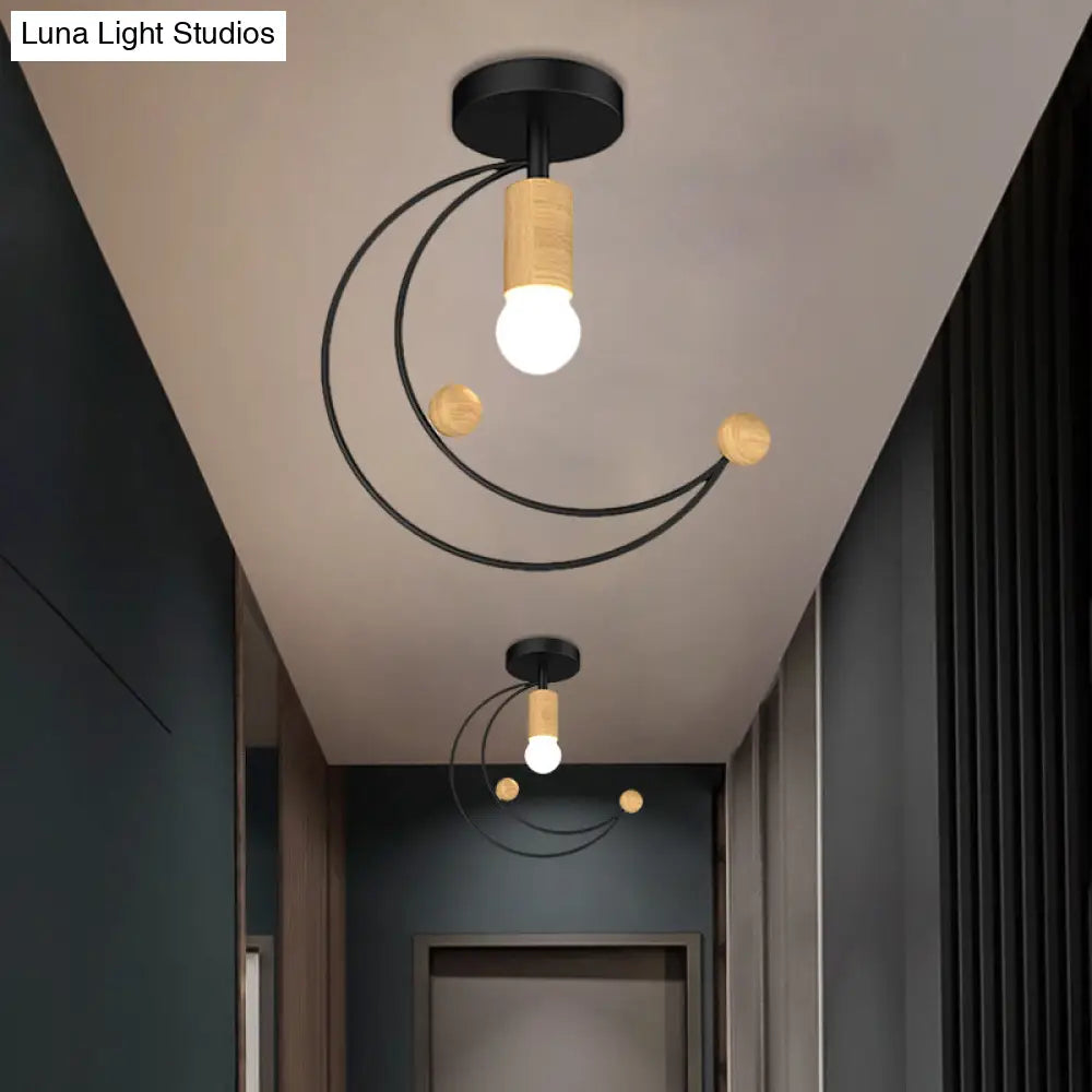 Modern Metallic Crescent Ceiling Light With Wooden Ball Deco - Semi Flush Mount In Black/White/Grey
