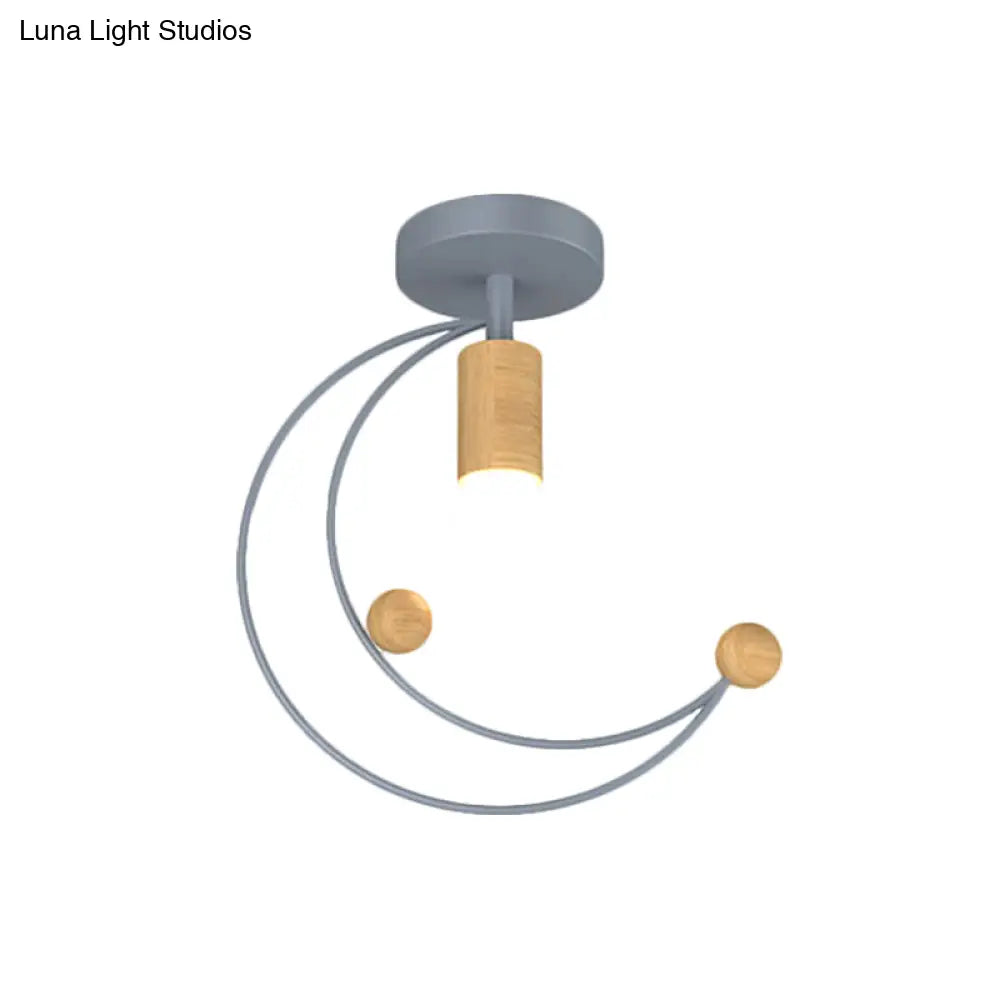 Modern Metallic Crescent Ceiling Light With Wooden Ball Deco - Semi Flush Mount In Black/White/Grey