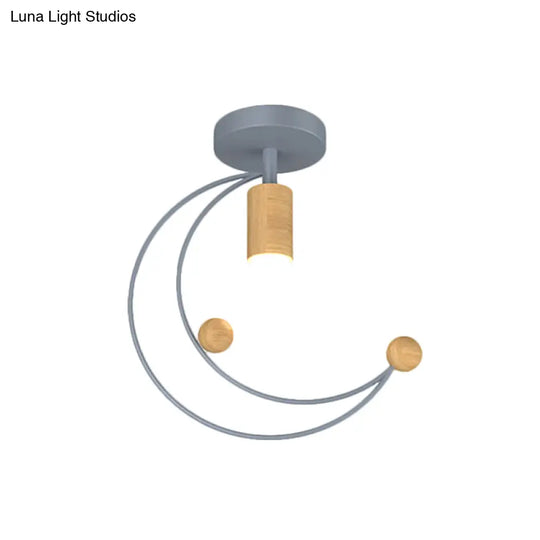 Modern Metallic Crescent Ceiling Light With Wooden Ball Deco - Semi Flush Mount In Black/White/Grey