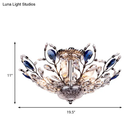 Modern Metallic Peacock Tail Semi Flush Ceiling Light With Crystal Drops - 6 Lights In Gold/Chrome