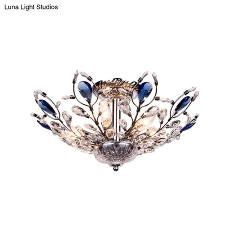 Modern Metallic Peacock Tail Semi Flush Ceiling Light With Crystal Drops - 6 Lights In Gold/Chrome