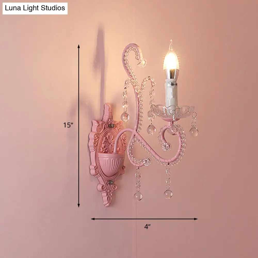 Modern Metallic Scroll Arm Wall Lamp With Crystal Orb Deco Pink