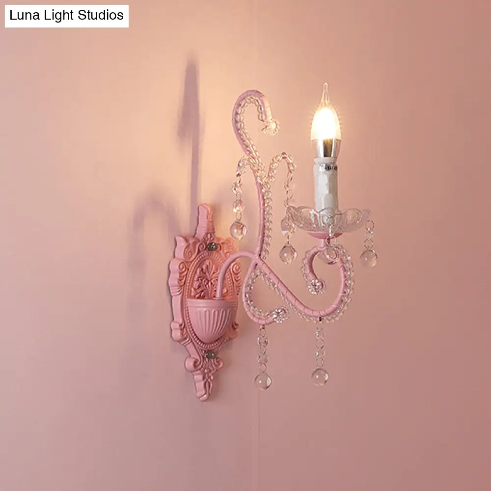 Modern Metallic Scroll Arm Wall Lamp With Crystal Orb Deco Pink