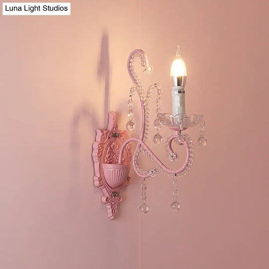 Modern Metallic Scroll Arm Wall Lamp With Crystal Orb Deco Pink