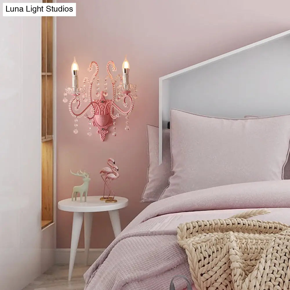 Modern Metallic Scroll Arm Wall Lamp With Crystal Orb Deco Pink