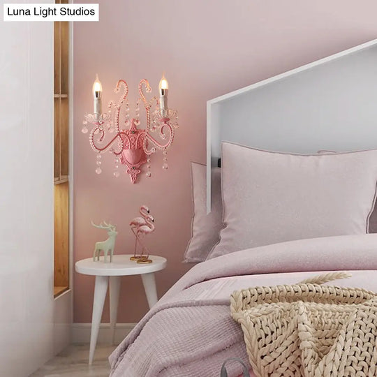 Modern Metallic Scroll Arm Wall Lamp With Crystal Orb Deco Pink