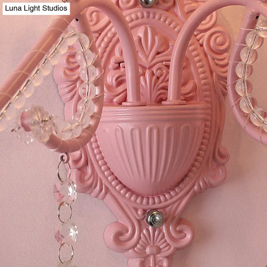Modern Metallic Scroll Arm Wall Lamp With Crystal Orb Deco Pink