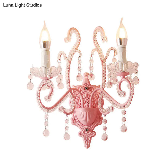 Modern Metallic Scroll Arm Wall Lamp With Crystal Orb Deco Pink