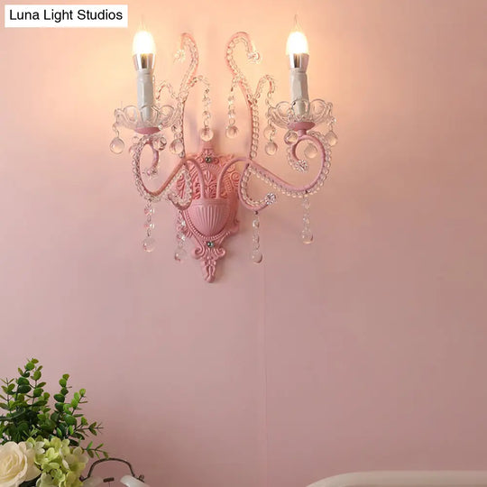 Modern Metallic Scroll Arm Wall Lamp With Crystal Orb Deco Pink