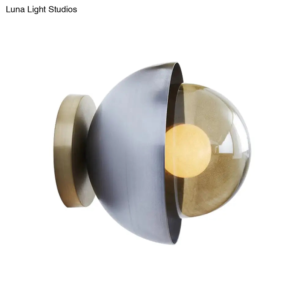 Modern Metallic Semicircle Sconce - 1-Light Brass/Chrome Wall Lamp With Tan Glass Shade