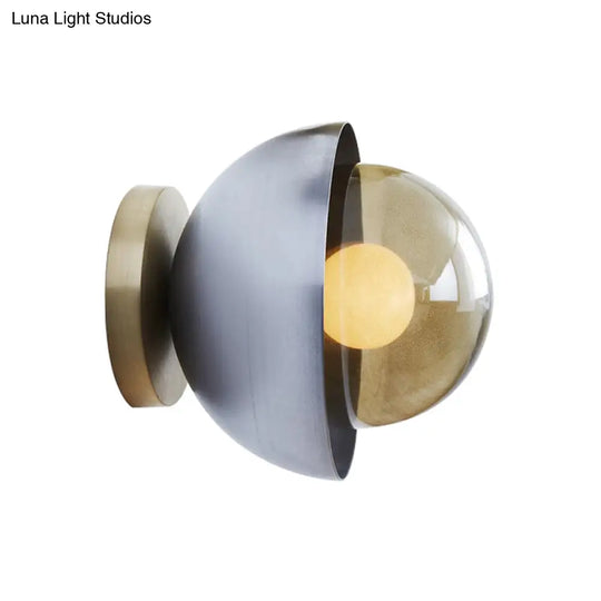 Modern Metallic Semicircle Sconce - 1-Light Brass/Chrome Wall Lamp With Tan Glass Shade