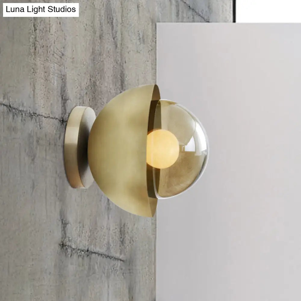 Modern Metallic Semicircle Sconce - 1-Light Brass/Chrome Wall Lamp With Tan Glass Shade