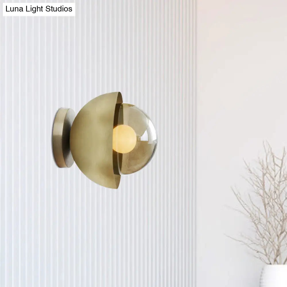 Modern Metallic Semicircle Sconce - 1-Light Brass/Chrome Wall Lamp With Tan Glass Shade