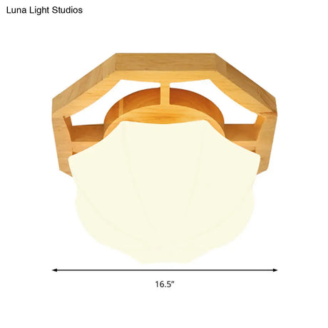 Modern Milk Glass Beige Led Flush Mount Lamp With Wood Canopy - Various Sizes