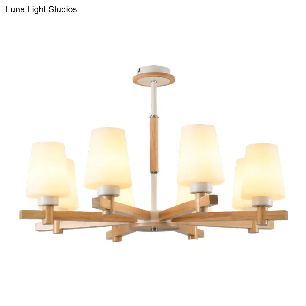Modern Milk Glass Chandelier With Wood Suspension For Living Room Lighting