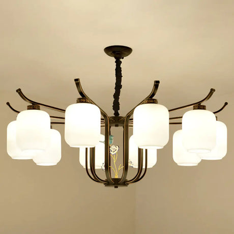 Modern Milk Glass Cylinder Chandelier Pendant Light For Living Room 10 / Black