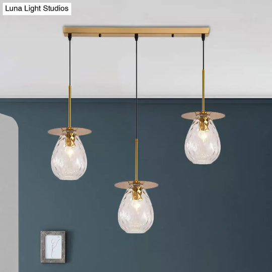 Modern Modo 3-Head Pendant Lamp With Clear Lattice Glass - Dining Room Cluster Light In Brass