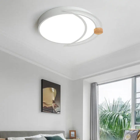 Modern Moon Eclipse Led Bedroom Flush Mount Ceiling Light In Grey/White/Green With Wood Accent White