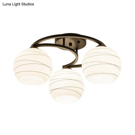Modern Moon Frame Iron Semi Mount Black Flush Lamp With White Glass Shade - 3/6 Light Option