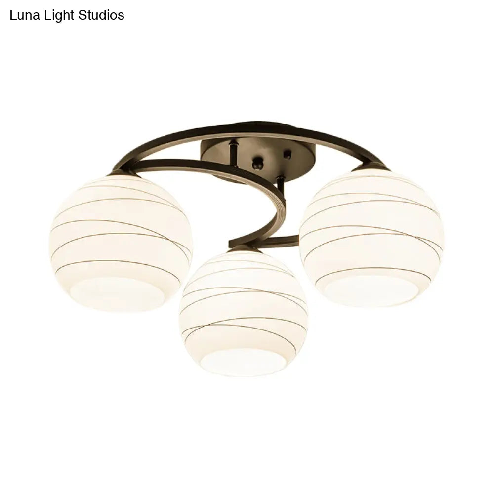 Modern Moon Frame Iron Semi Mount Black Flush Lamp With White Glass Shade - 3/6 Light Option