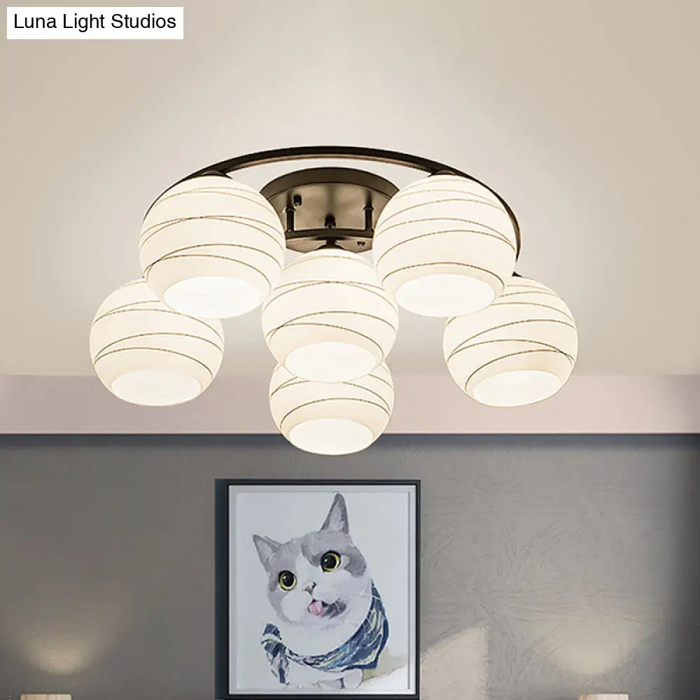Modern Moon Frame Iron Semi Mount Black Flush Lamp With White Glass Shade - 3/6 Light Option 6 /