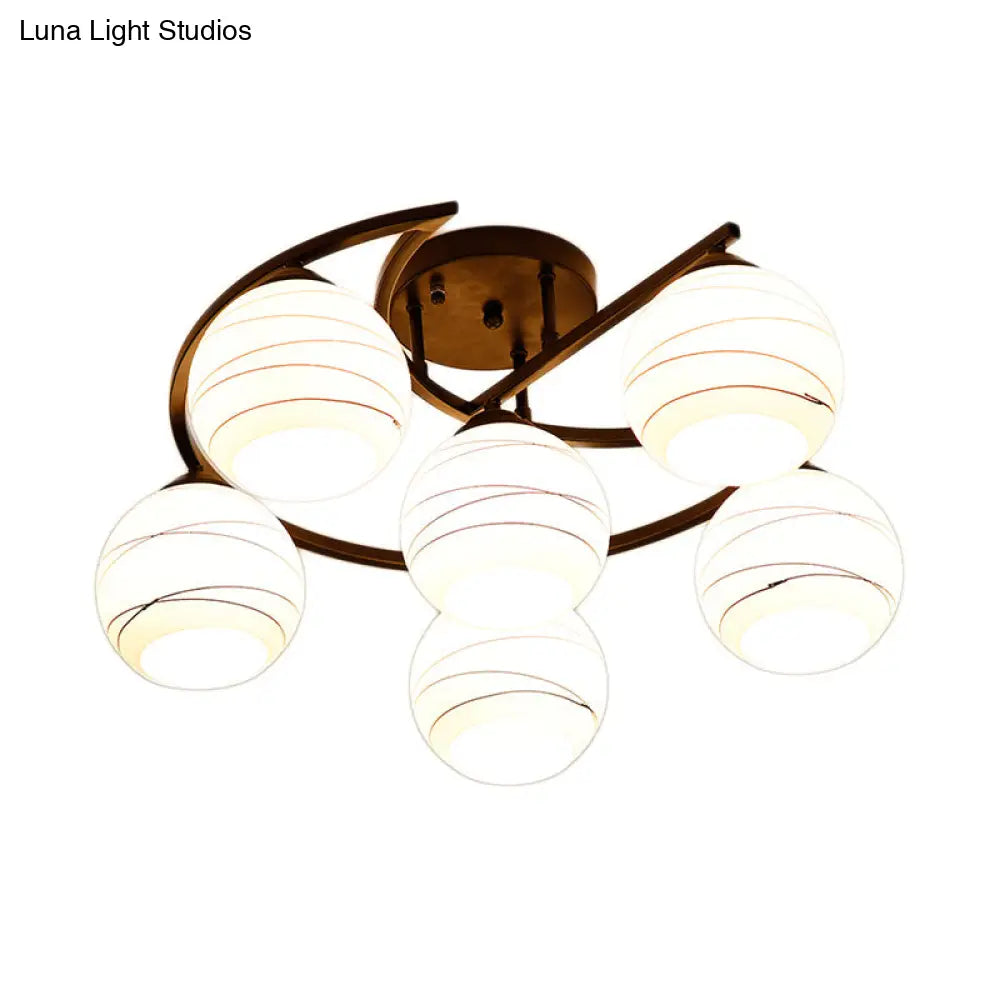 Modern Moon Frame Iron Semi Mount Black Flush Lamp With White Glass Shade - 3/6 Light Option