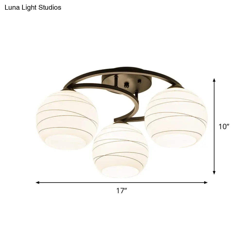 Modern Moon Frame Iron Semi Mount Black Flush Lamp With White Glass Shade - 3/6 Light Option