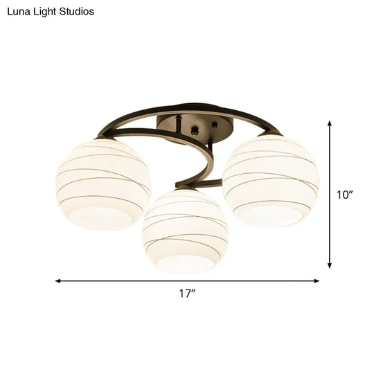 Modern Moon Frame Iron Semi Mount Black Flush Lamp With White Glass Shade - 3/6 Light Option