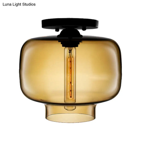 Modern Multi - Colored Lantern Flushmount Light With Glass Shade - Black Finish