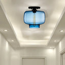 Modern Multi - Colored Lantern Flushmount Light With Glass Shade - Black Finish Sky Blue