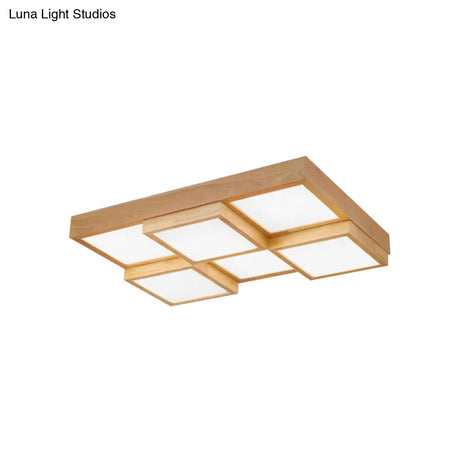Modern Natural Wood Led Ceiling Lamp - Square Flush Shape With 4/6/9-Light Options In